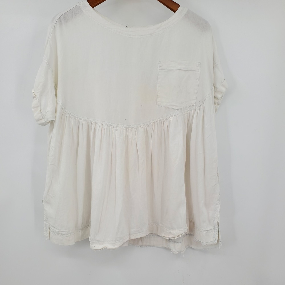 We The Free Free People White Linen Blend Babydoll Top XS Blue Stitch Coastal
